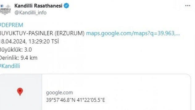 Erzurum'un Pasinler ilçesinde 3,0 büyüklüğünde deprem