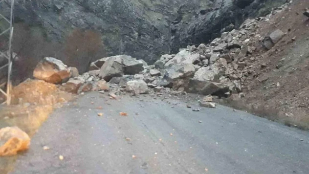 Hakkari'de dağdan kopan kayalar köy yolunu kapattı