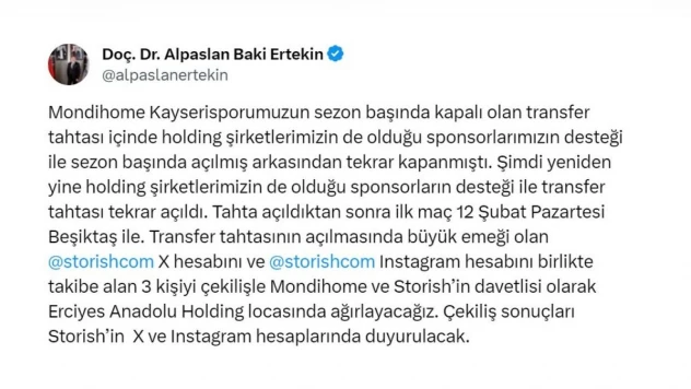 Kayserispor'un transfer tahtası açıldı