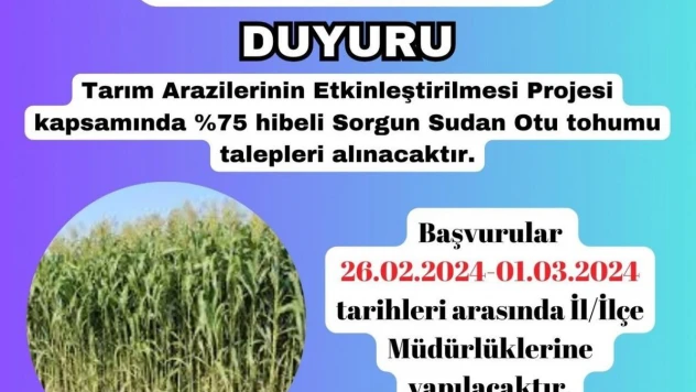 Kütahya'da üreticilere yüzde 75 hibeli sorgun sudan otu tohumu dağıtılacak