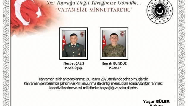 Pençe-Kilit operasyon bölgesinde 2 asker şehit oldu