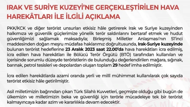 TSK bölücü terör örgütünün 29 hedefini imha etti