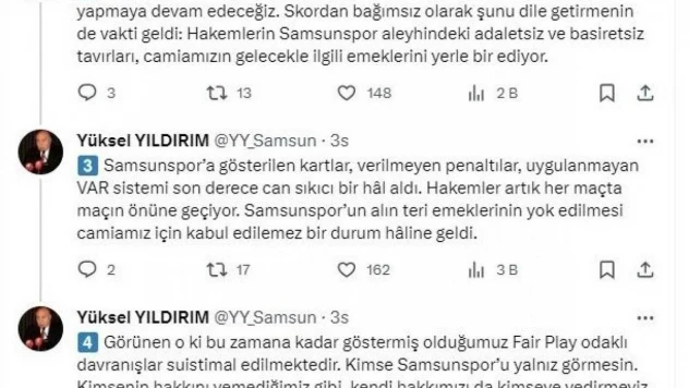 Y. Samsunspor'dan sert açıklama: 'Hakem hatalarının devam etmesi durumunda, emeklerimizin gölgede bırakılmasına göz yummayacağız'