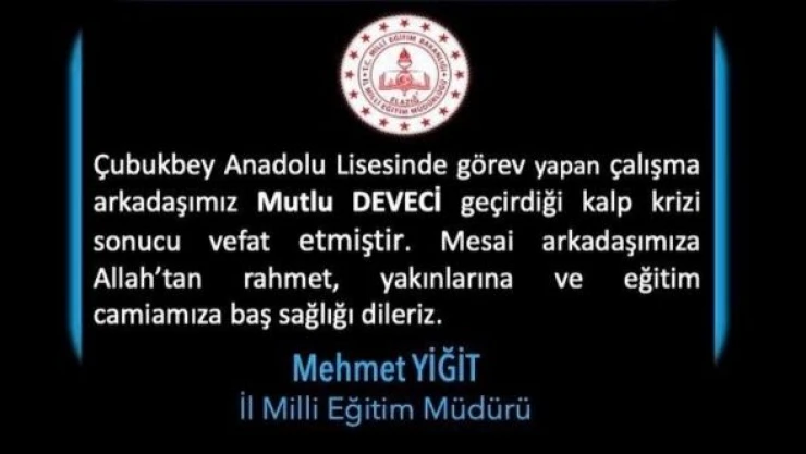 Elazığ eğitim camiasından okul odasında ölü bulunan hizmetli için taziye mesajı