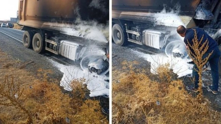 Malatya'da seyir halindeki kamyonun lastiği yandı