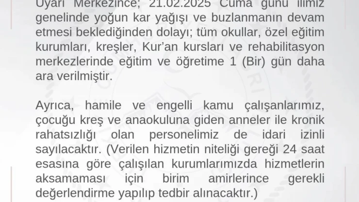 Ağrı'da eğitime 1 gün daha ara verildi