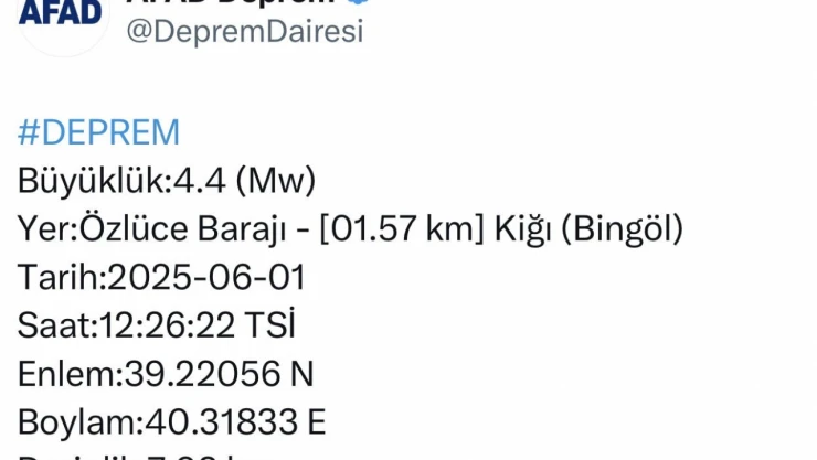 Bingöl'de 4,4 büyüklüğünde deprem