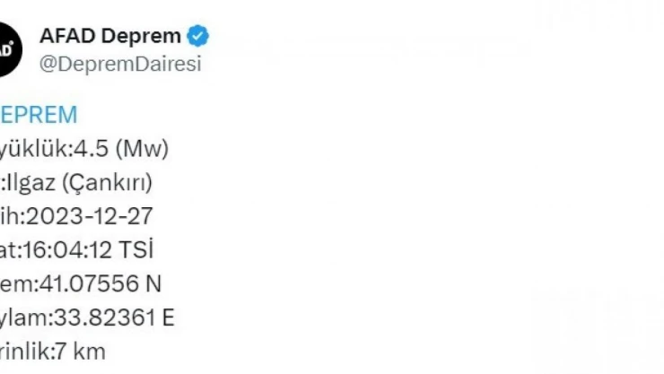 Çankırı'da 4.5 büyüklüğünde deprem