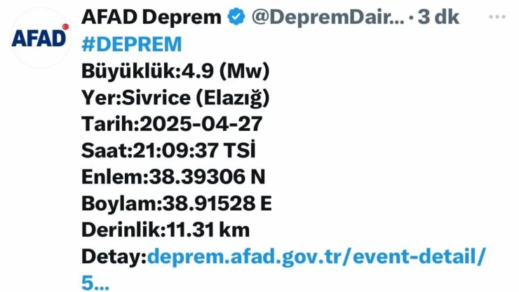 Elazığ'da 4,9 büyüklüğünde deprem
