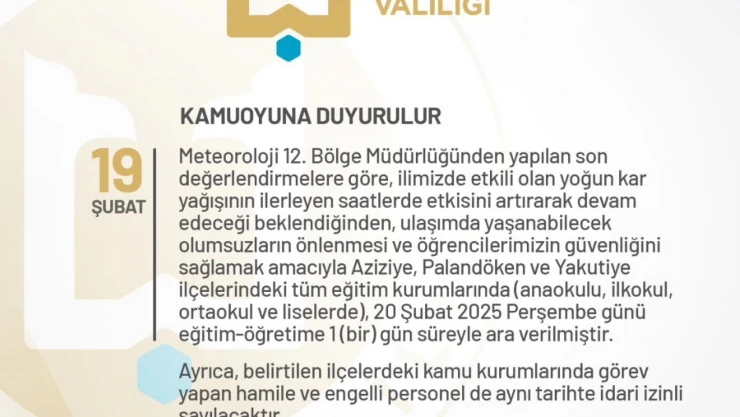 Erzurum'da eğitime 1 gün kar tatili