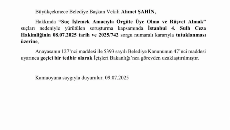 İçişleri Bakanlığı, Adana Büyükşehir Belediye Başkanı ve Büyükçekmece Belediye Başkan Vekili görevden uzaklaştırıldığını açıkladı