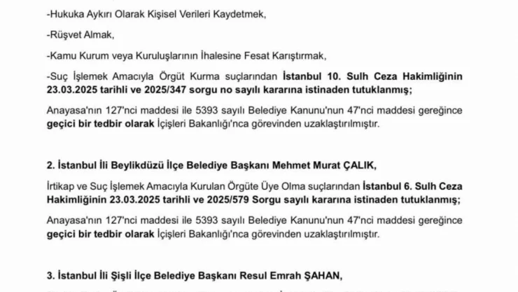 İçişleri Bakanlığı İmamoğlu'nun görevinden uzaklaştırıldığını ve Şişli Belediye Başkanı Şahan'ın yerine kayyum atandığını duyurdu