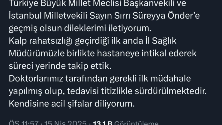 İstanbul Valisi Davut Gül, Sırrı Süreyya Önder'in durumu hakkında paylaşımda bulundu