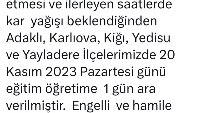 Bingöl'ün 5 ilçesinde okullar tatil edildi
