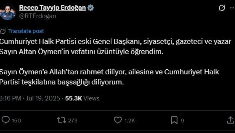 Cumhurbaşkanı Erdoğan'dan Altan Öymen için taziye mesajı